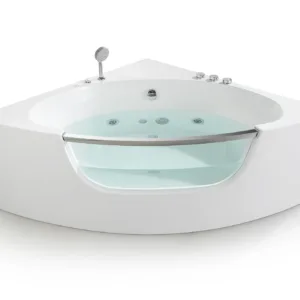 Compact and modern DelosFlow Spa Tub featuring hand shower and hot/cold mixer.
