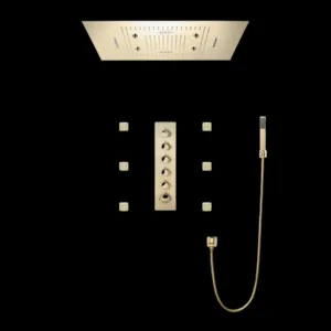 Zenit Brushed Gold Shower System with LED Shower Head, Body Jets, and Bluetooth Music Function