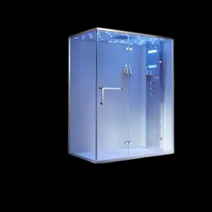 Interior of Siberian steam bath Vv-U910 with stainless steel overhead shower and acupuncture jets."