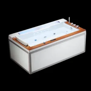 UltraStream Hydro Massage Tub with colorful LED waterfall jets and teak wood panel