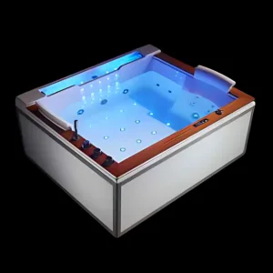VortexWhirl Spa Jacuzzi with colorful LED waterfall lights and teak wood panel finish