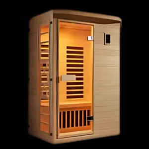 1. Front view of Bosphorus Sauna Bath - Elegant home sauna with wooden frame.