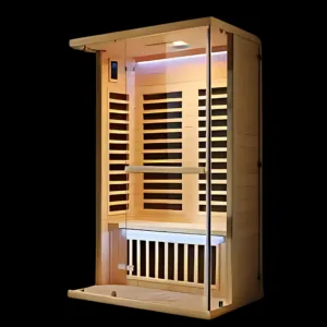 1. Front view of Viva Heat Sauna Bath - Compact luxury home sauna with wooden frame packaging.